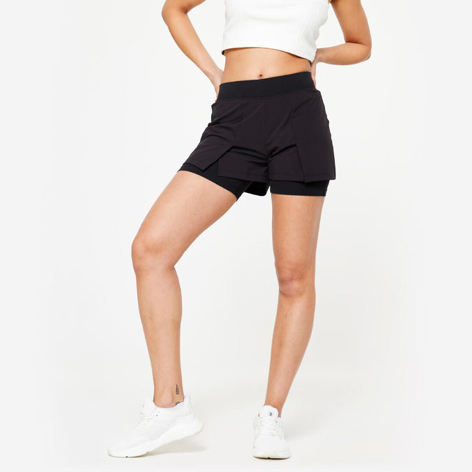 





Short de fitness 2 en 1 con licra interior negro para mujer 500, photo 1 of 6