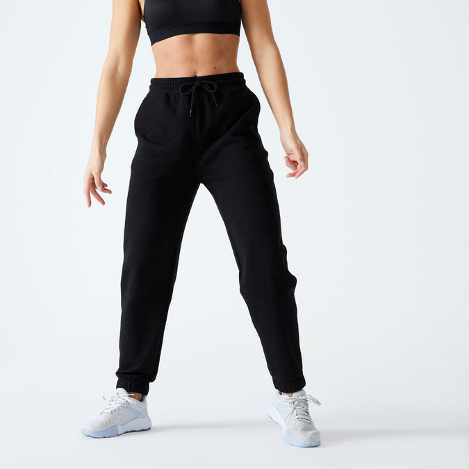 Pantalón deportivo de fitness de corte recto negro para mujer 500 Essential