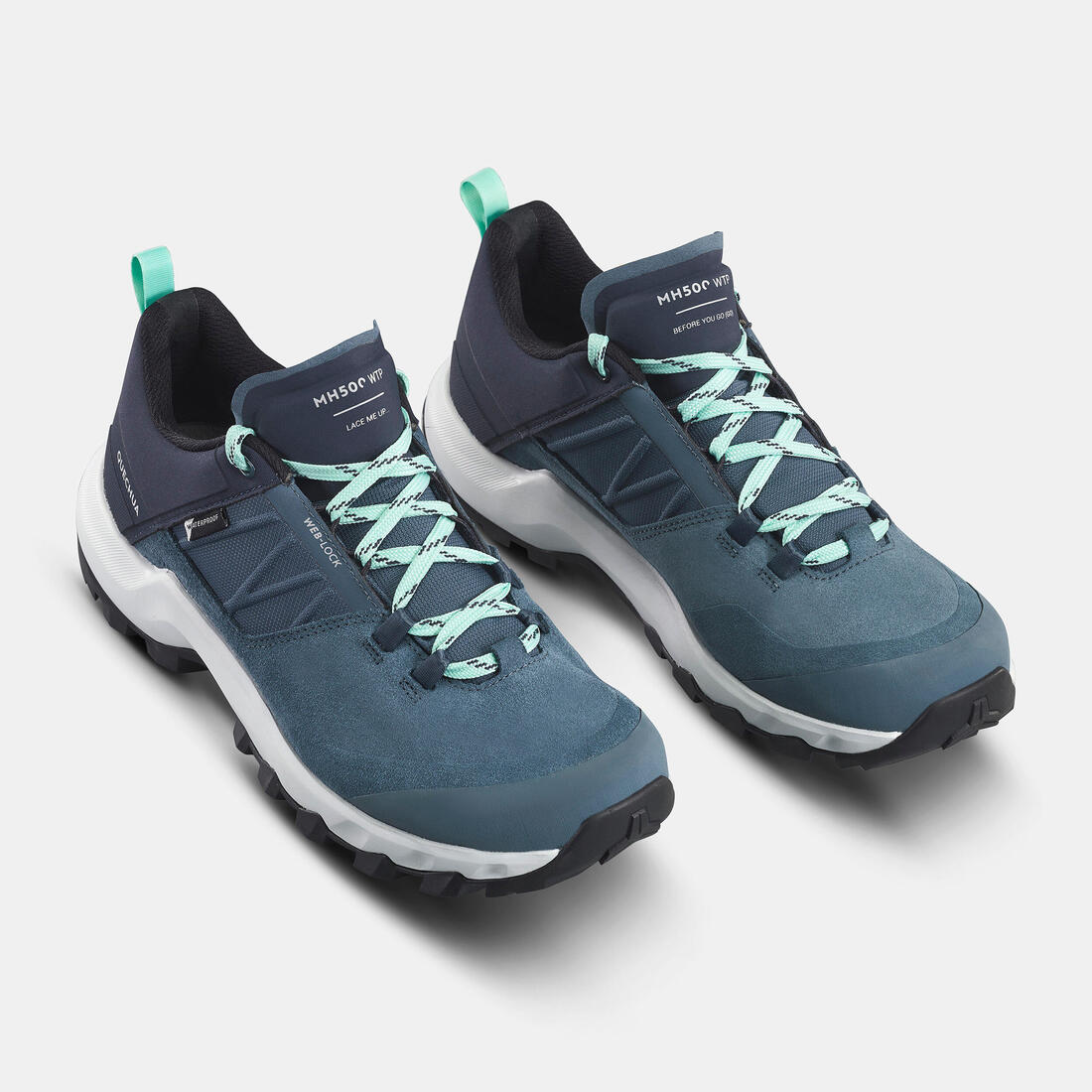 Tenis impermeables de senderismo en montaña azules para mujer MH500 WTP LOW