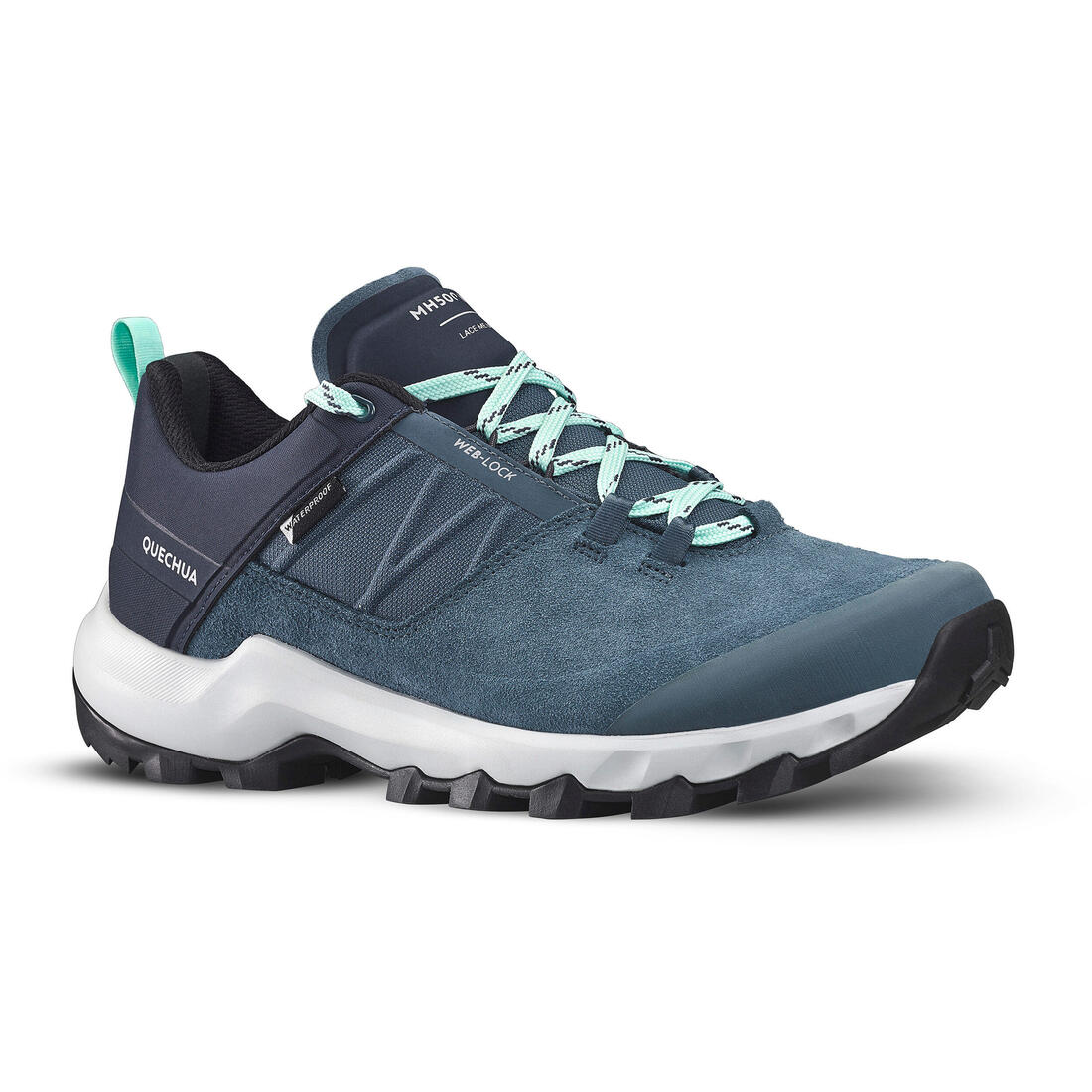 Tenis impermeables de senderismo en montaña azules para mujer MH500 WTP LOW
