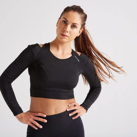 





Playera Crop Top de Fitness Cardio Mujer Negro Manga Larga